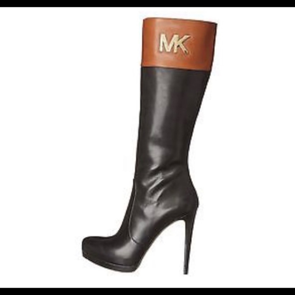 Michael Kors Black Leather Heeled Boots with Brown Top